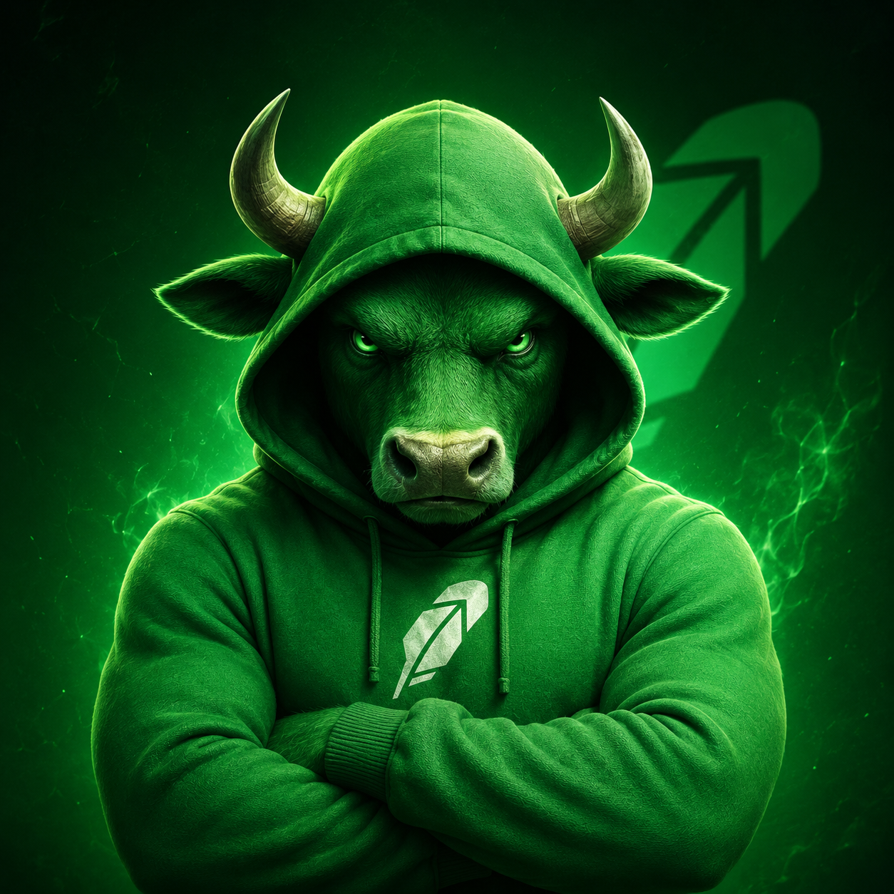 Green Bull In Hoodie mascot — a muscular green bull wearing a green hoodie with arms crossed