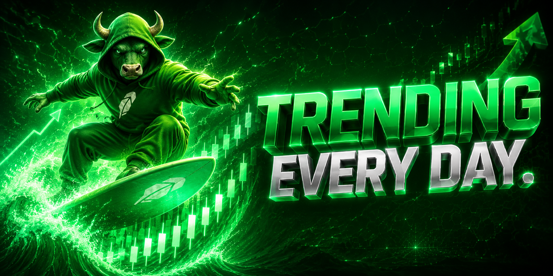 Green Bull In Hoodie surfing a green energy wave with the text Trending Every Day